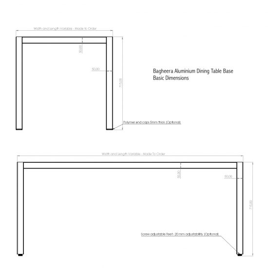 Bagheera Aluminium table base drawing giving basic dimensions on product.